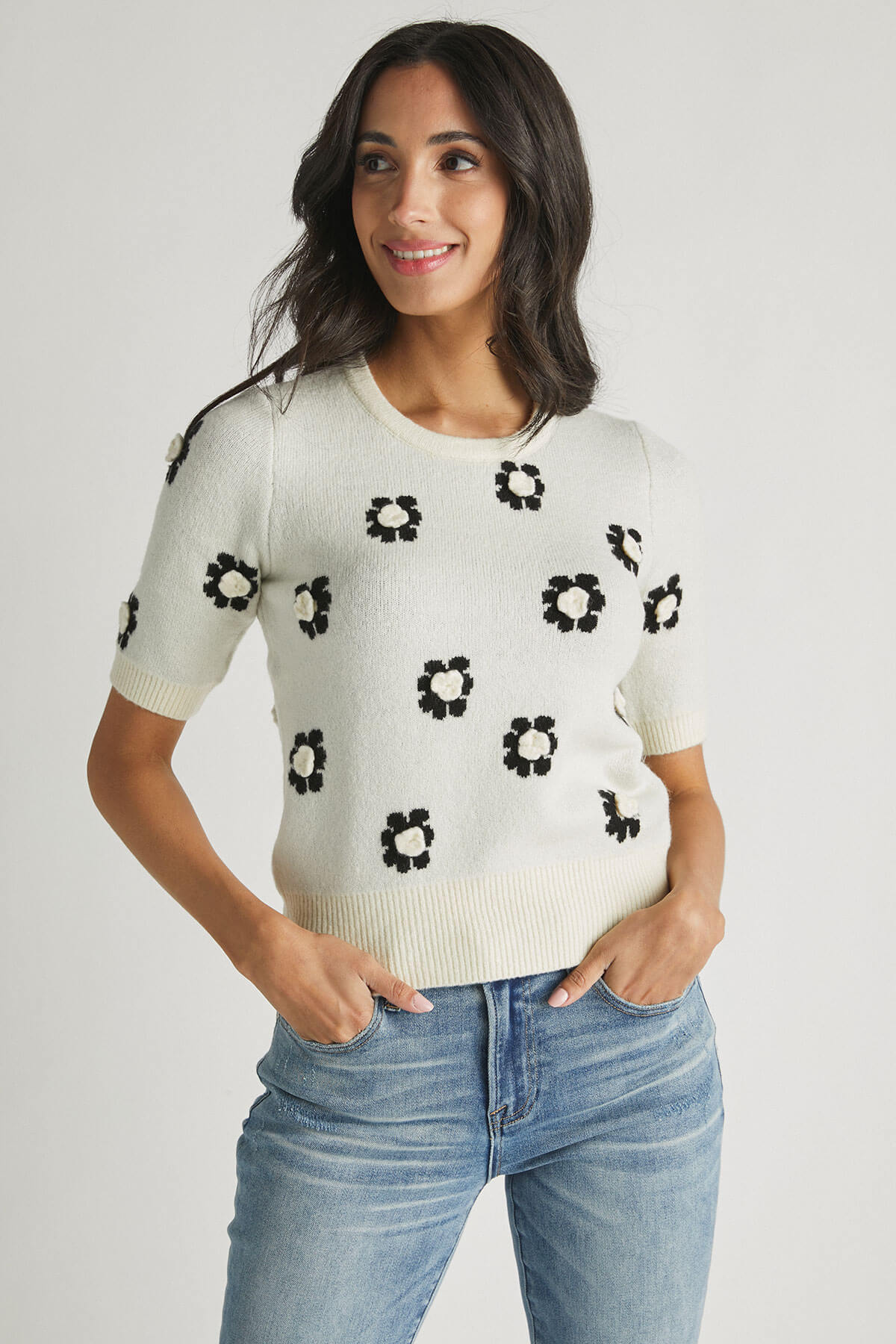 By Together Short Sleeve Flower Embroidered Sweater