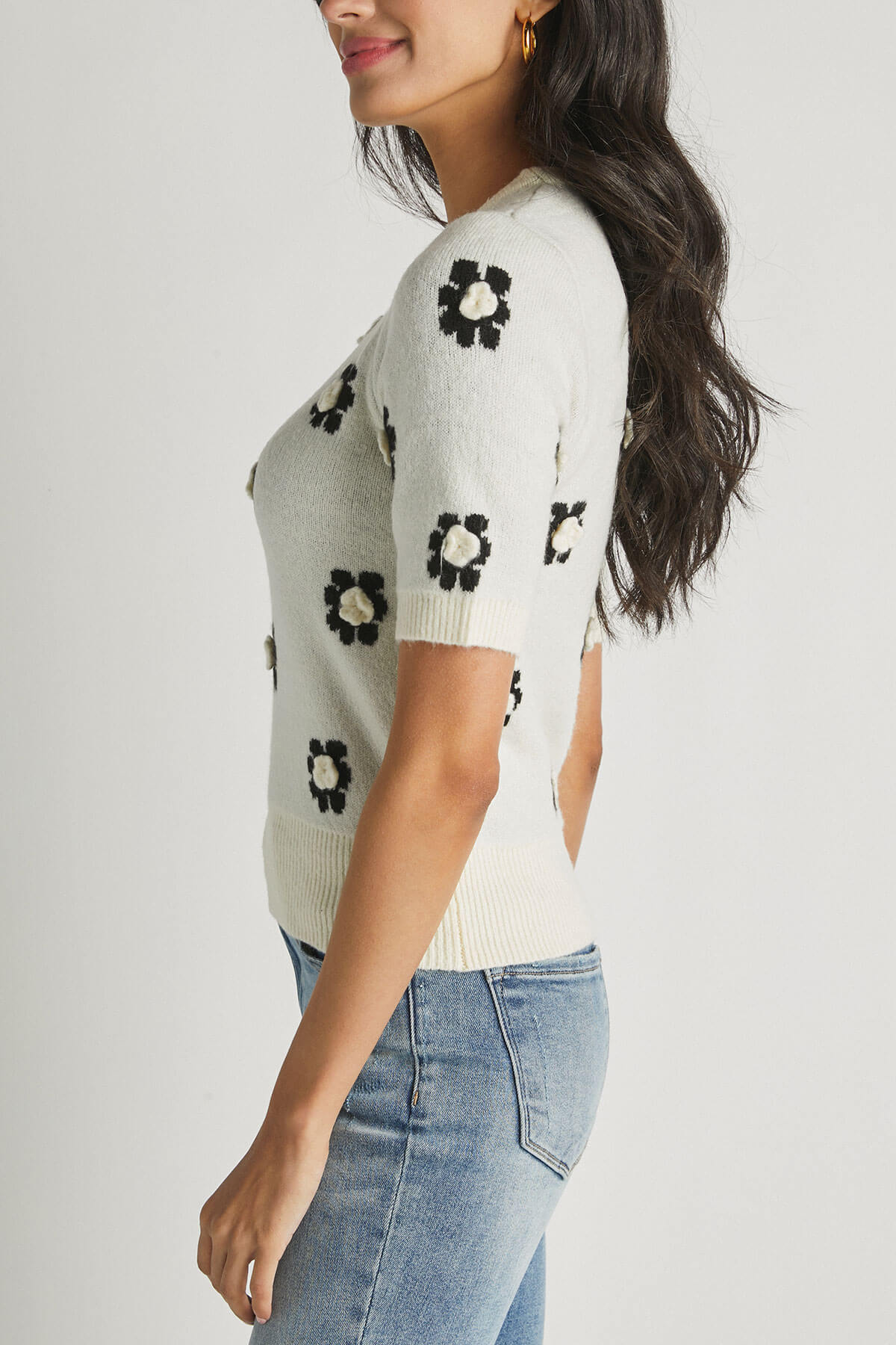 By Together Short Sleeve Flower Embroidered Sweater