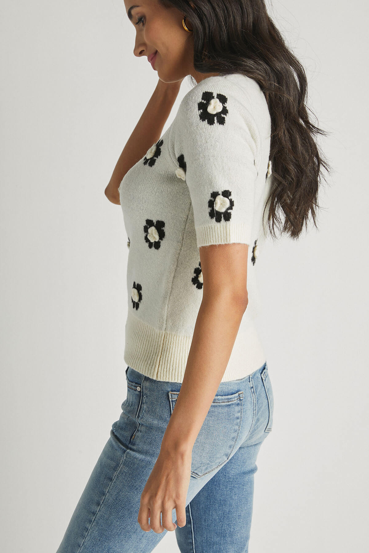 By Together Short Sleeve Flower Embroidered Sweater