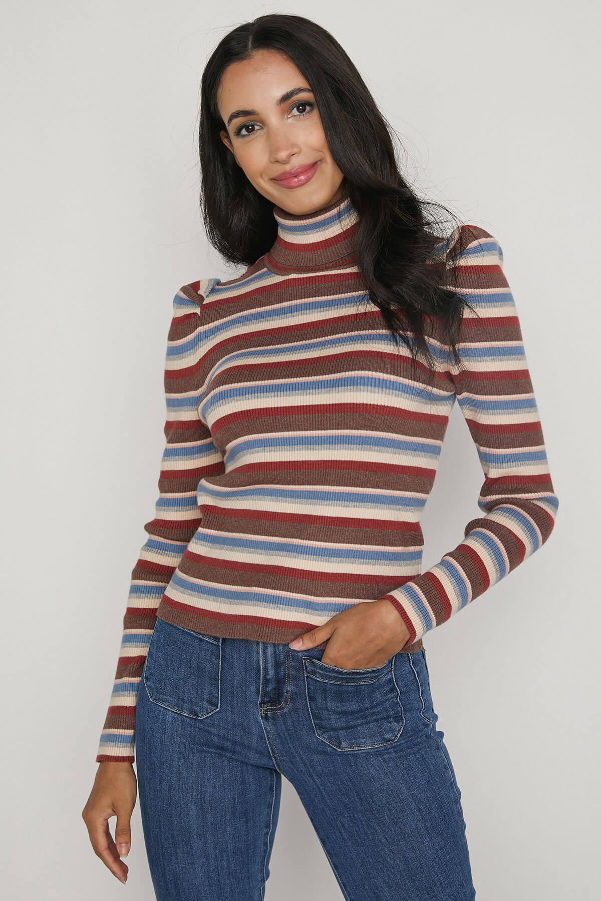 &Merci Stripe Puff Sleeve Turtleneck