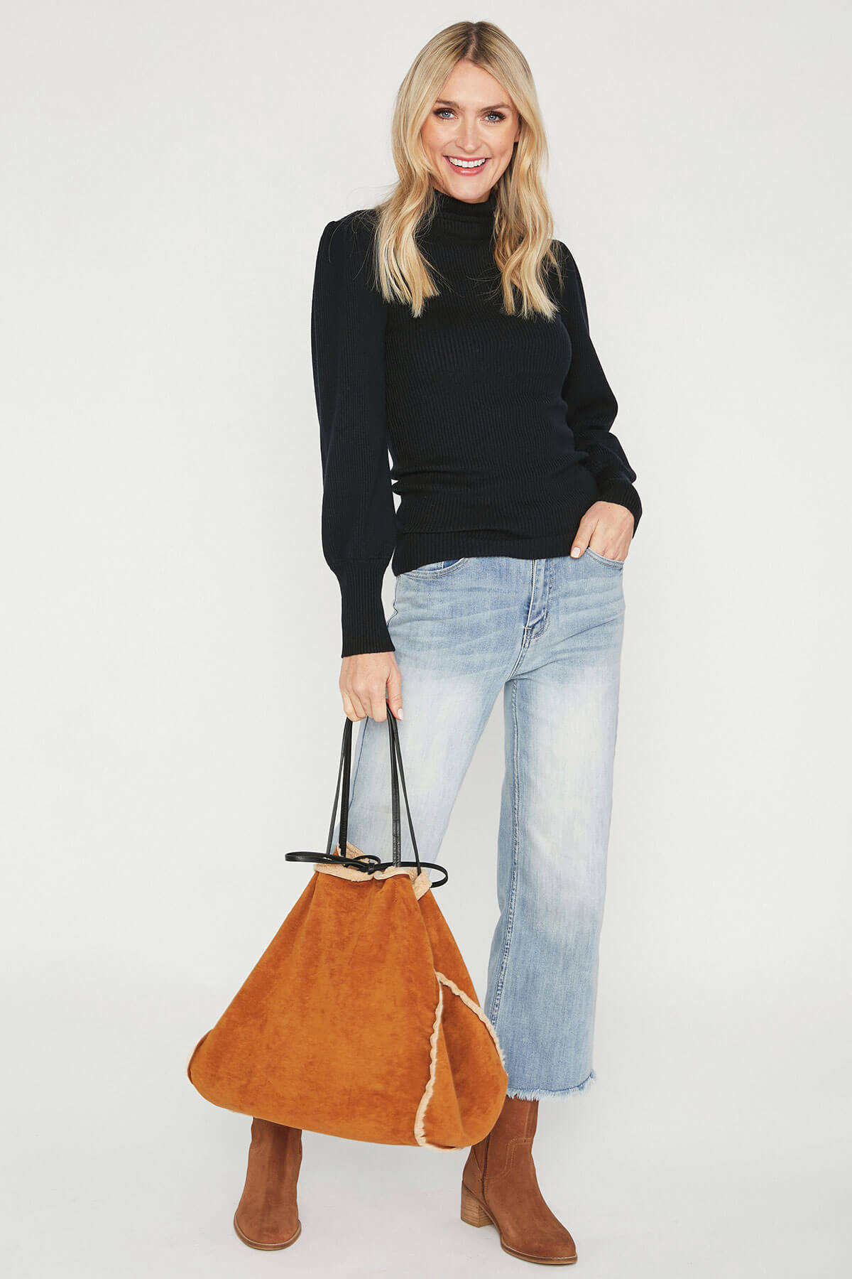 Apple B Puff Sleeve Ribbed Turtleneck